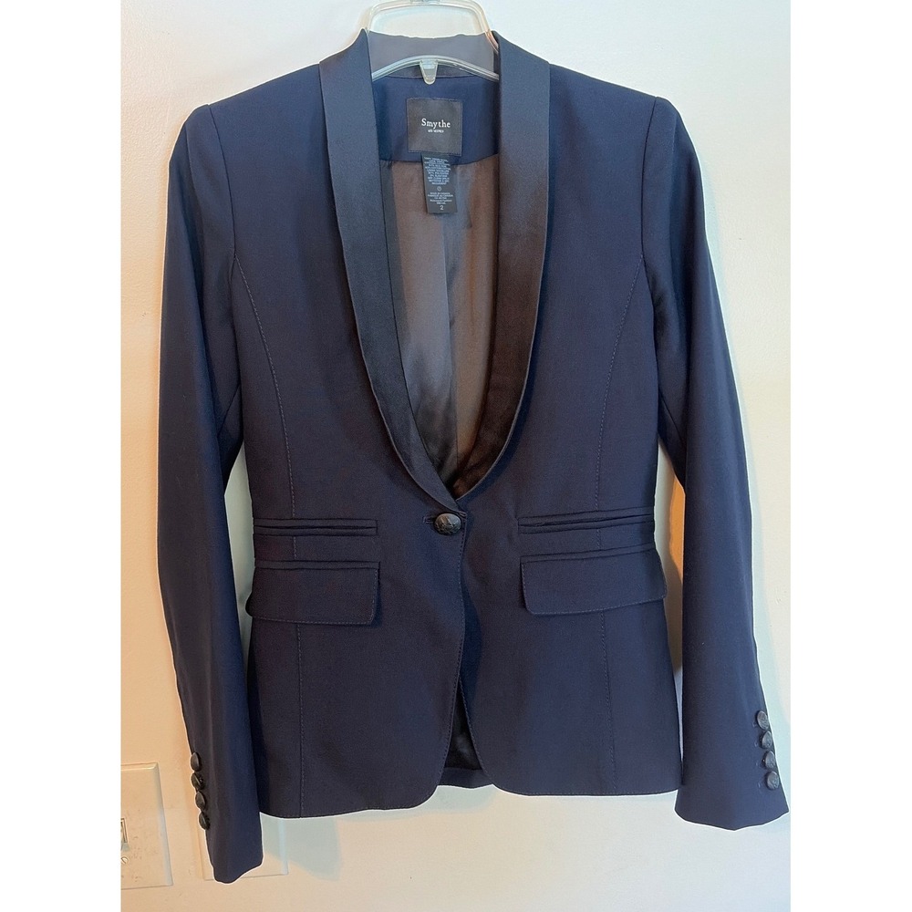 Smythe Les Vestes Navy Blue Virgin Wool Shawl Collar Blazer Jacket Size 2